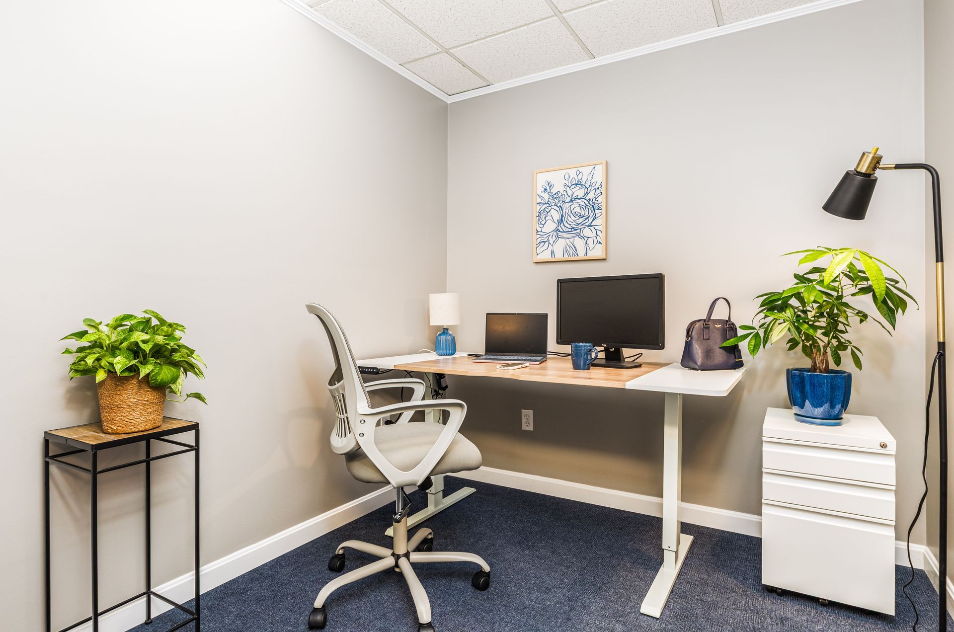 A modern home office with a standing desk, mesh chair, computer, potted plants, and a filing cabinet on blue carpet.