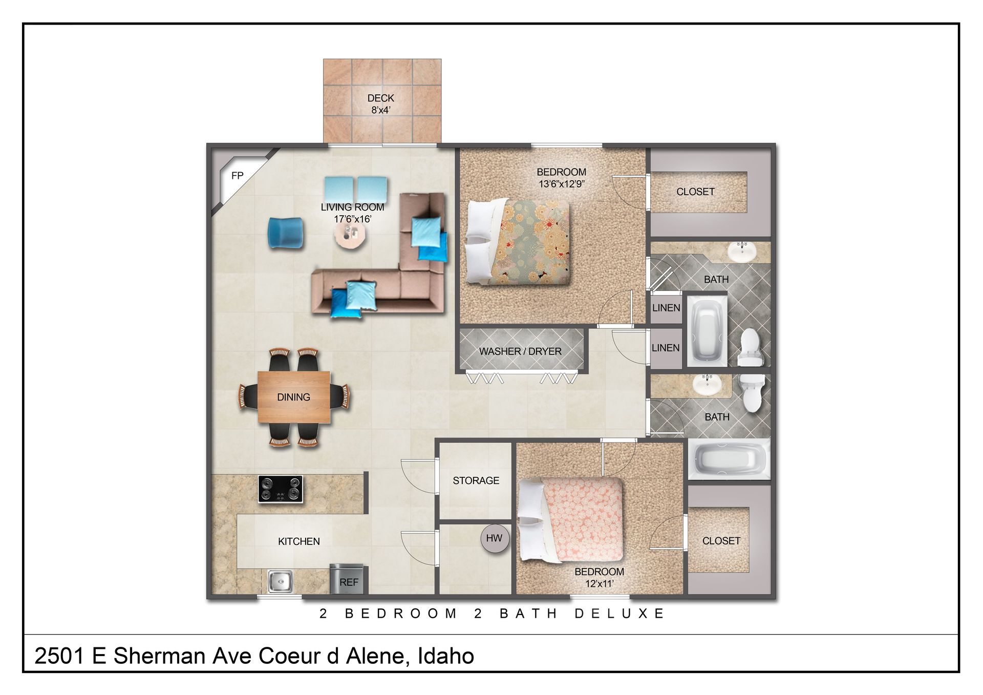 2 bed 2 bath deluxe unit floorplan