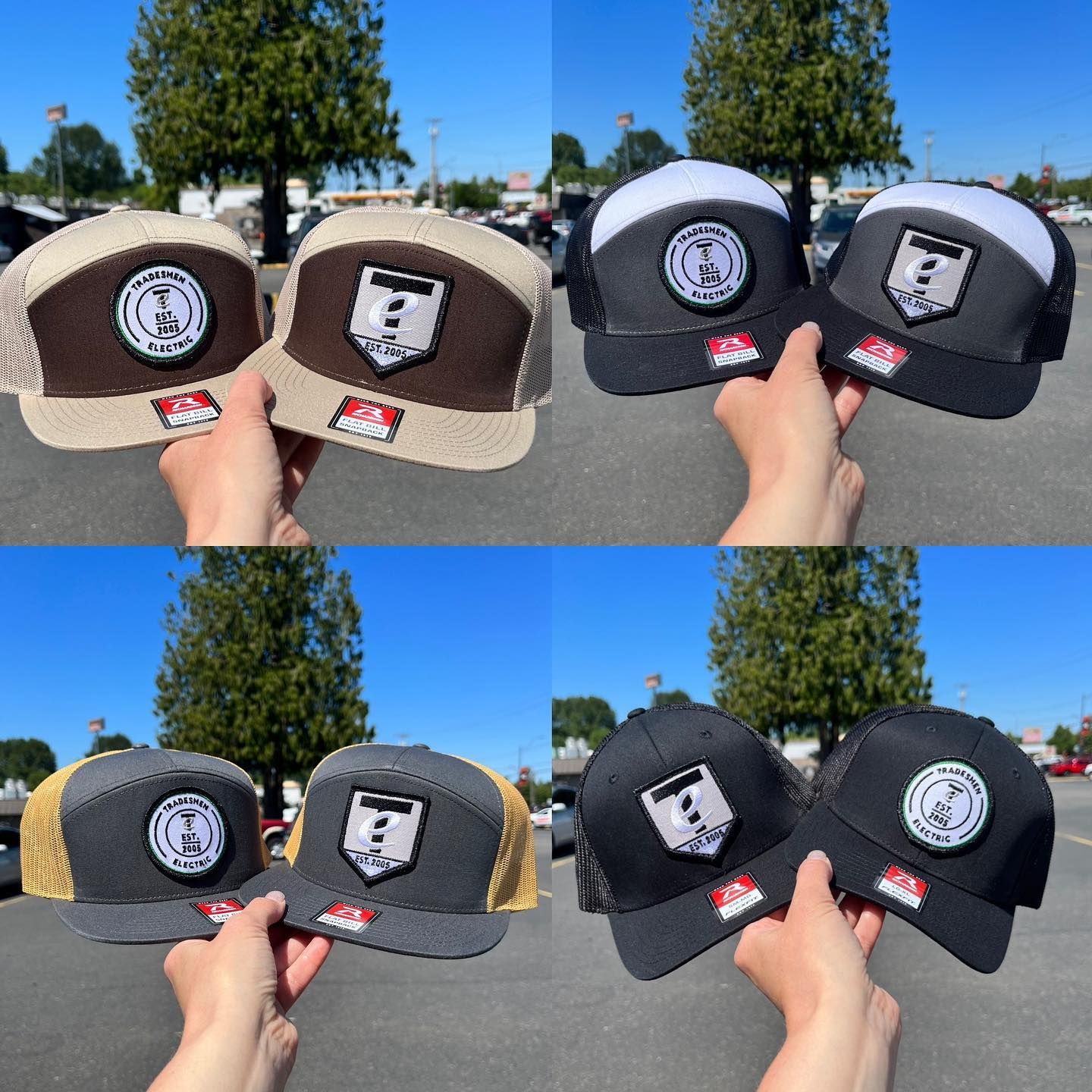 A person is holding four different hats in their hands