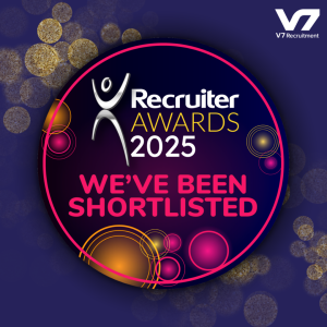 Circular graphic for Recruiter Awards 2025: shortlisted. Blue, pink, gold with a white figure. V7 Recruitment logo.