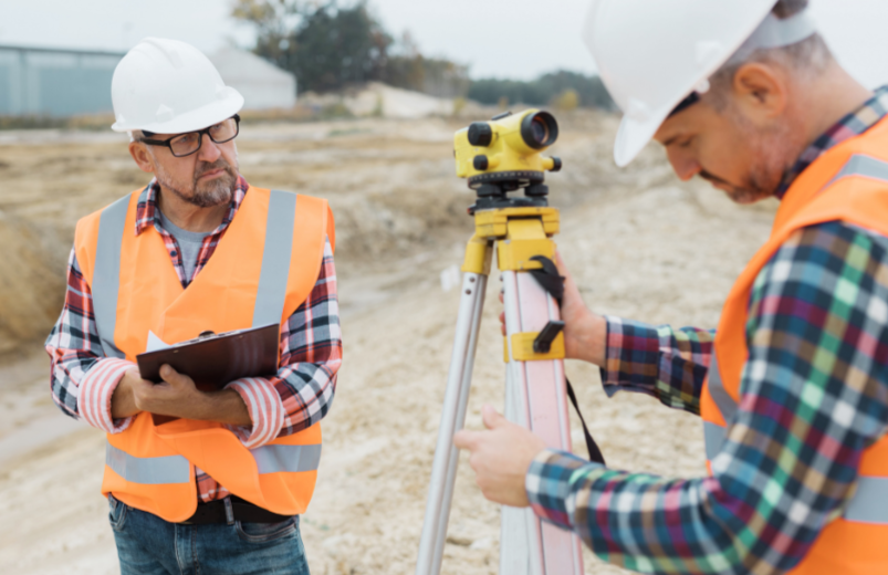 two construction workers wearing hard hats and high-vis jackets looking out
