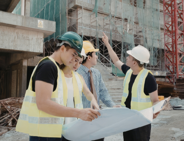women wearing a hard hat looking out
