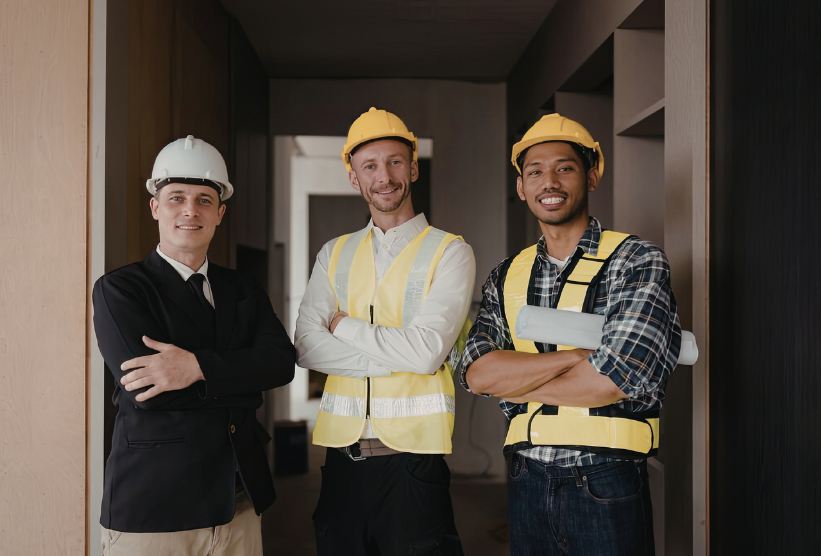 women wearing a hard hat looking out
