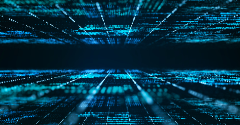 Server rack with colorful fiber optic cables connected to ports.