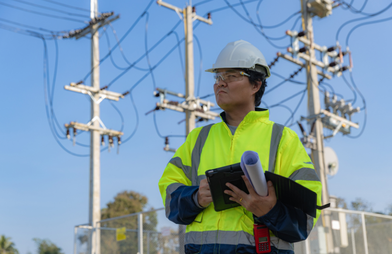Wooden blocks arranged as a house and trees on a blueprint, promoting Sustainability Manager jobs.