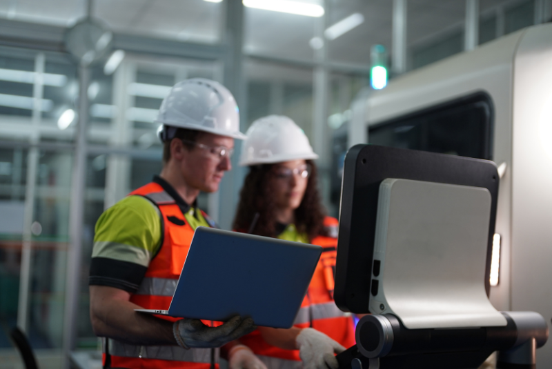 two construction workers wearing hard hats and high-vis jackets looking out
