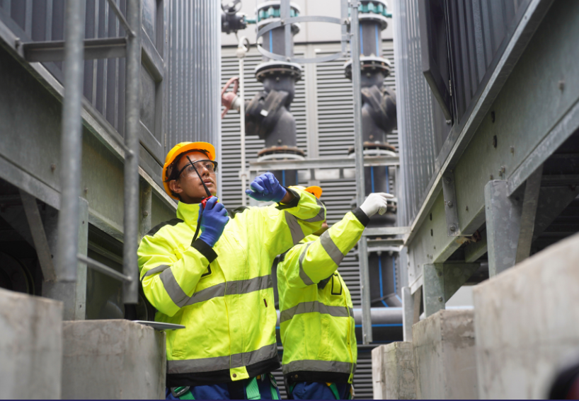 women wearing a hard hat looking out
