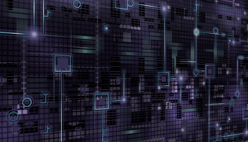 Server rack with colorful fiber optic cables connected to ports.