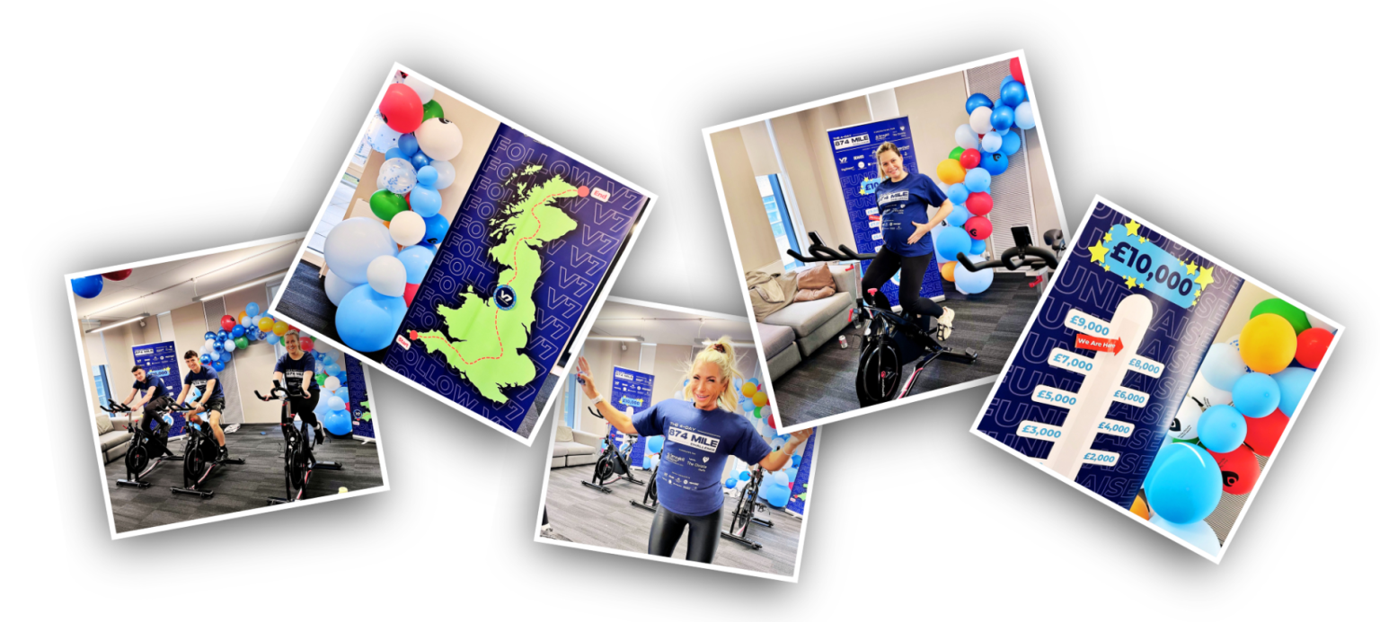 Photos of people cycling, celebrating fundraising event with balloons.