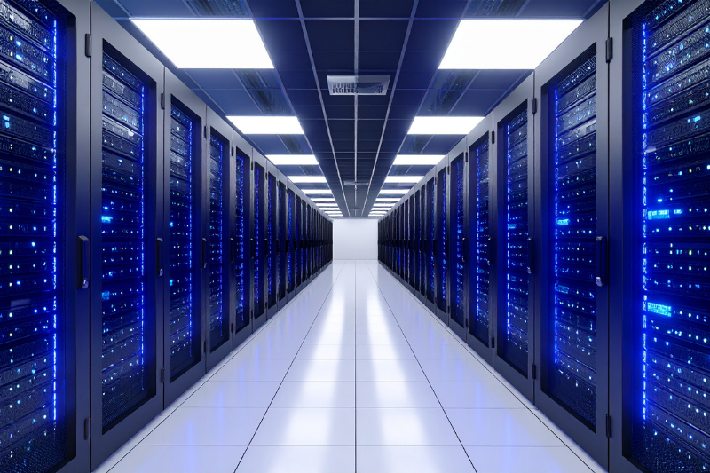 Server rack with colorful fiber optic cables connected to ports.