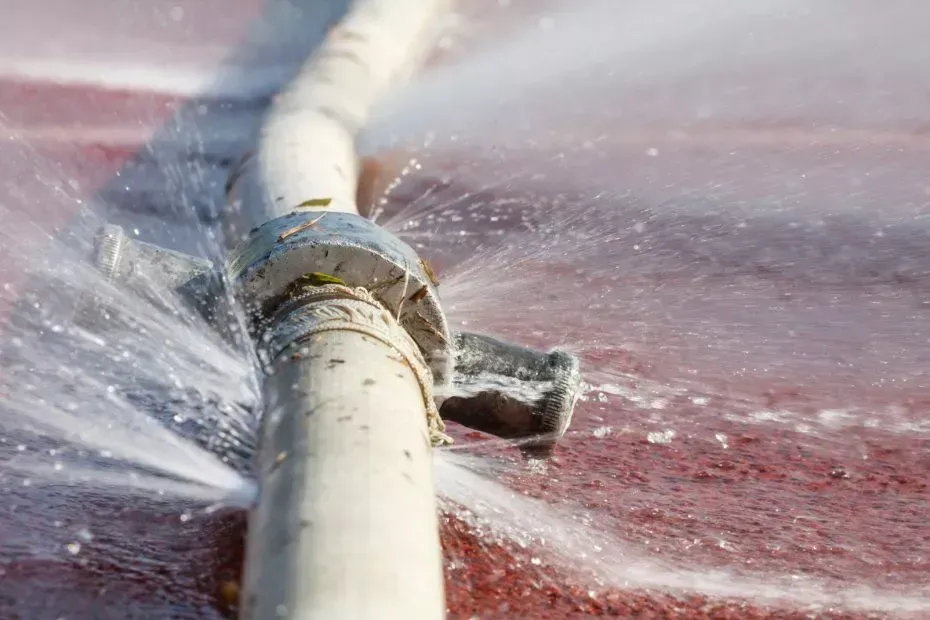 Water spraying from a broken white hose and connector against a red surface.