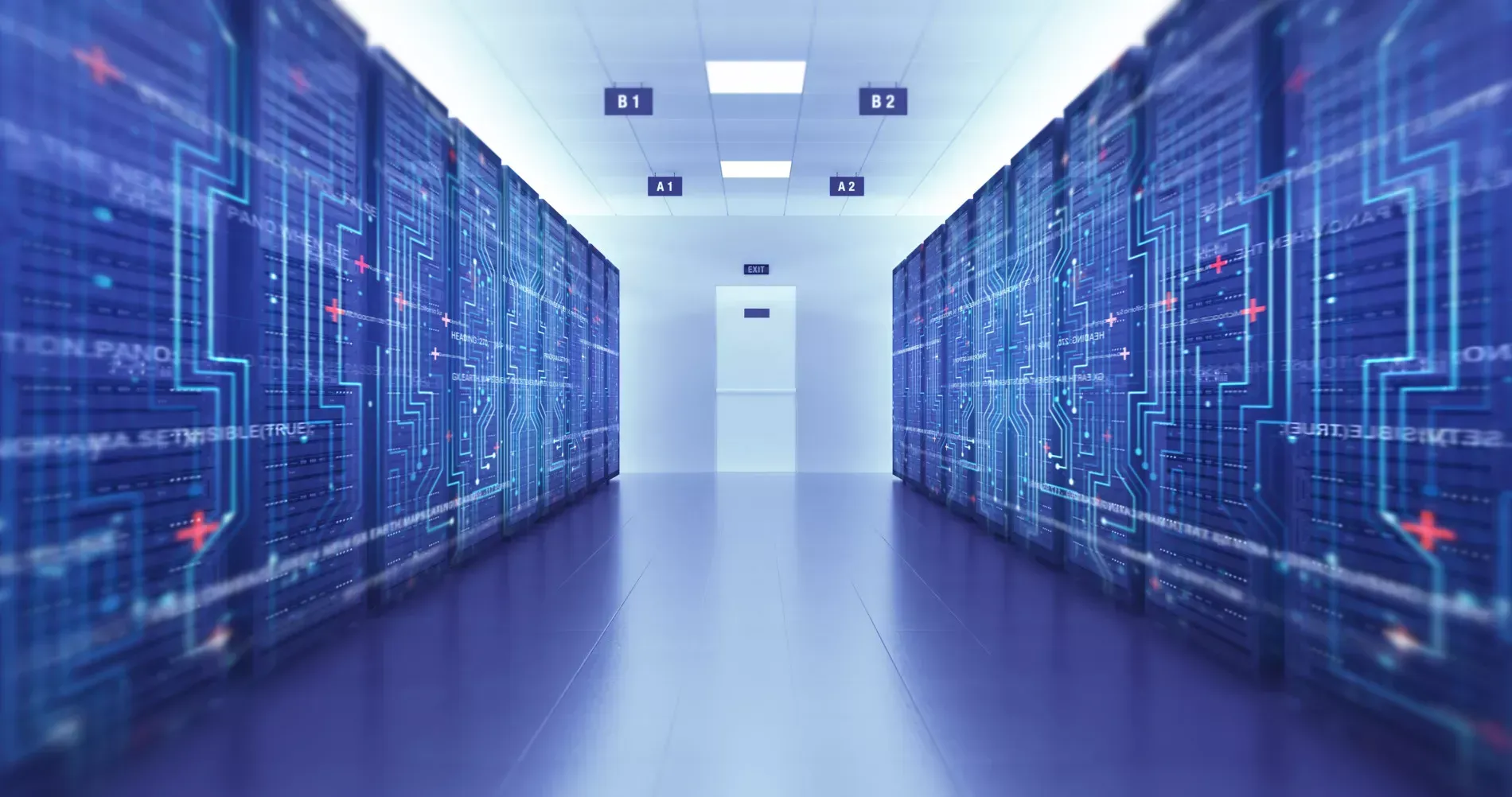 Server room with rows of servers, glowing blue circuits, and a bright white hallway.