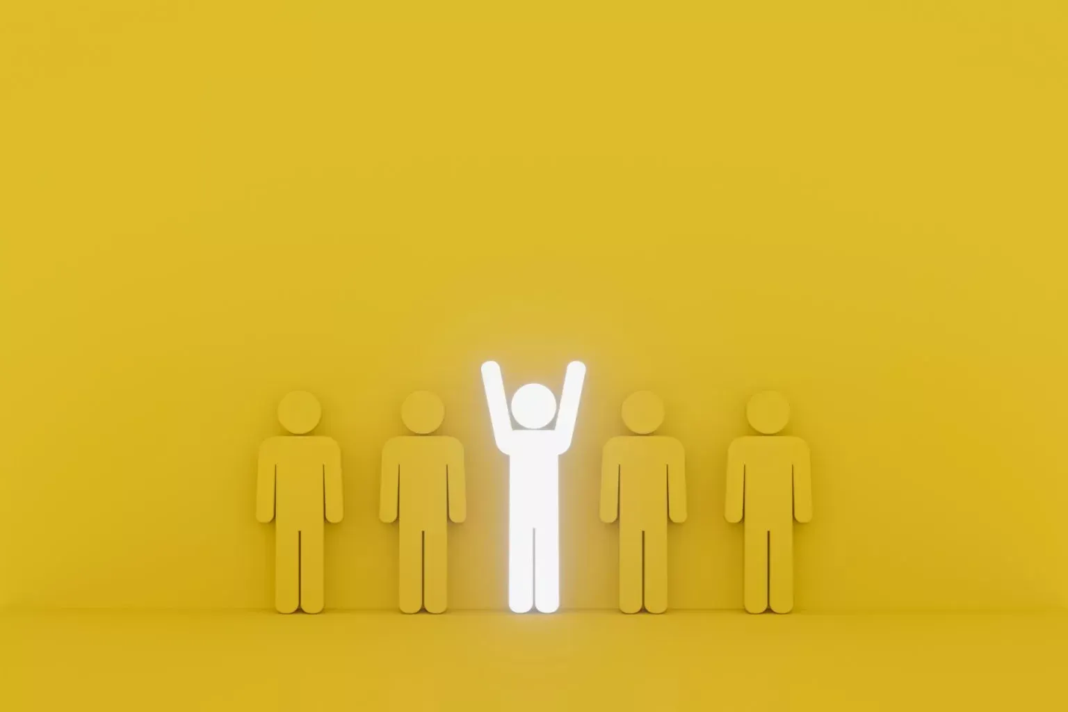 Glowing figure with arms raised among four muted figures on a yellow background.