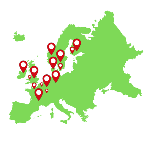 Green map of Europe with red location markers, concentrated in Western Europe.