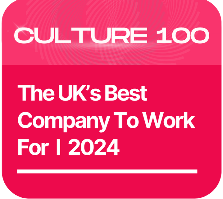 Pink and blue circular badge: Recruiter Awards 2024. Text: 