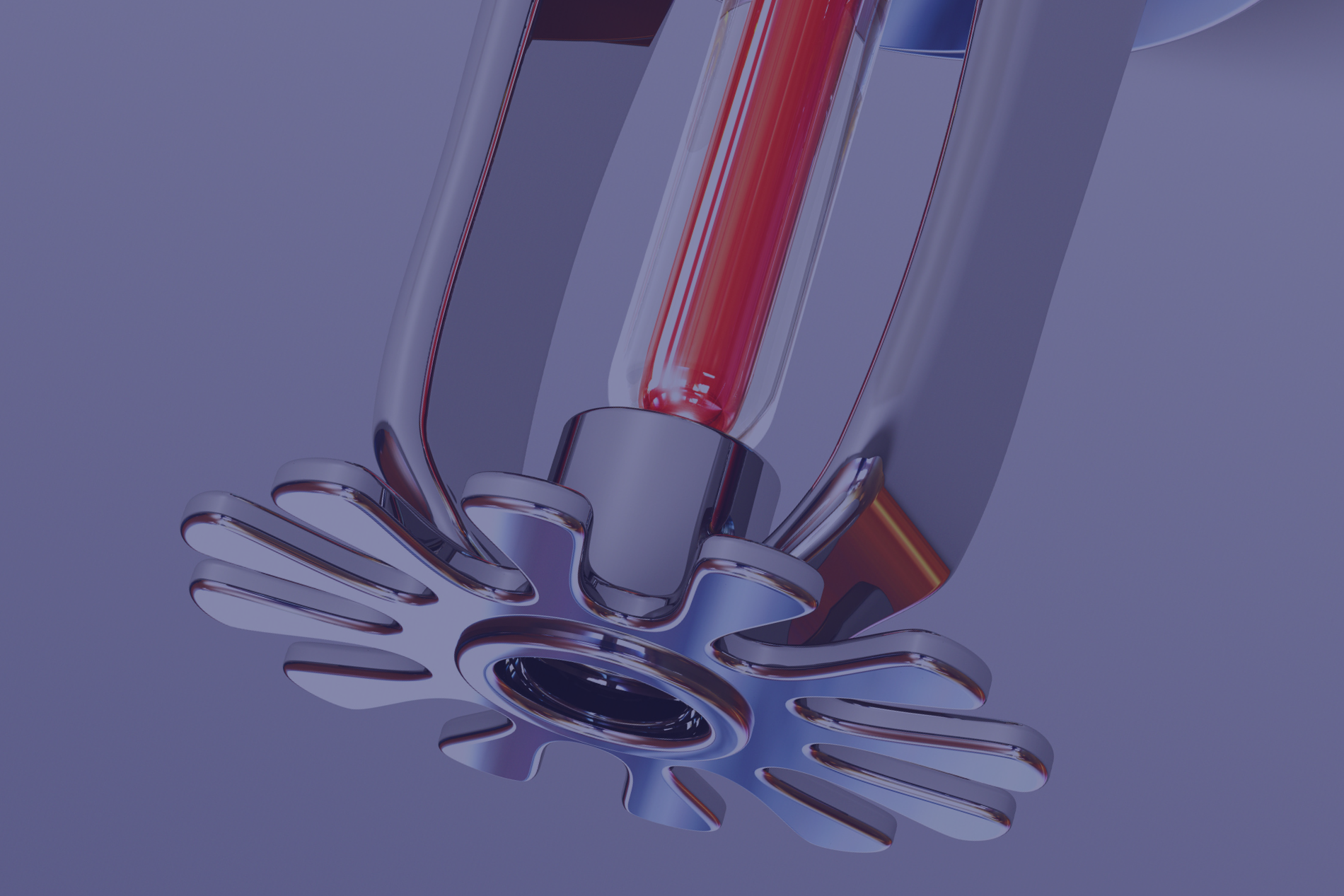 Close-up of a fire sprinkler head, chrome finish with a red glass bulb, against a blue-purple background.
