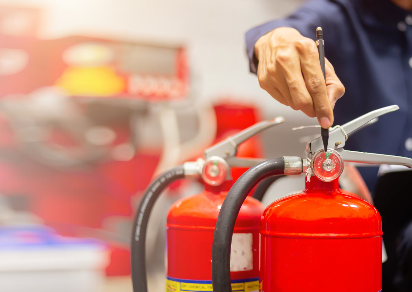 Person inspecting fire extinguishers, checking pressure gauge, indoor setting.