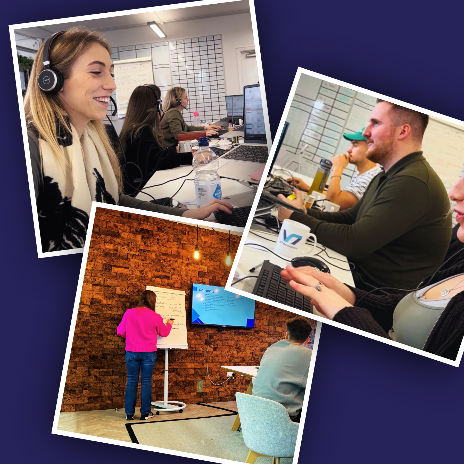 Collage of workplace photos: people working on computers, one giving a presentation, all in modern office settings.