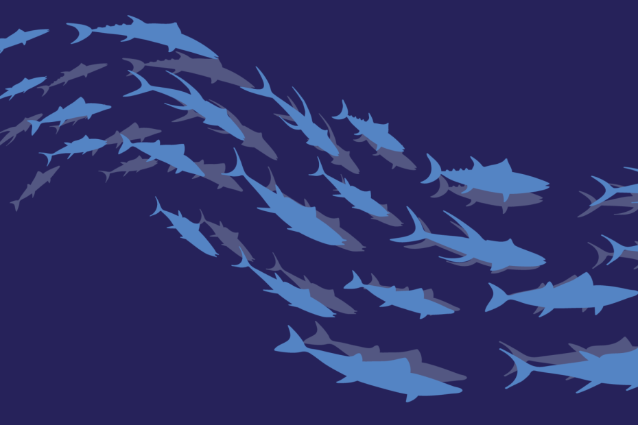 A school of blue fish swimming in a wave formation in dark blue water.