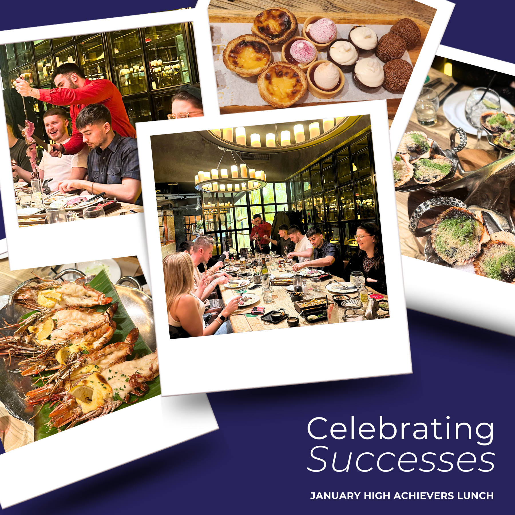 People at a restaurant celebrating successes. Food: pastries, crab, oysters. Dark blue background.