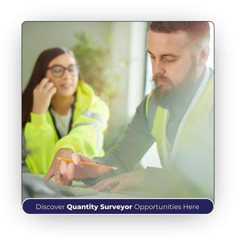 Man with beard and woman looking at documents, both wearing safety vests. Text: 