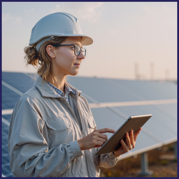 Man with beard and woman looking at documents, both wearing safety vests. Text: 