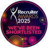 Pink and blue circular badge: Recruiter Awards 2024. Text: 