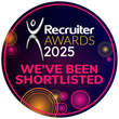 Pink and blue circular badge: Recruiter Awards 2024. Text:
