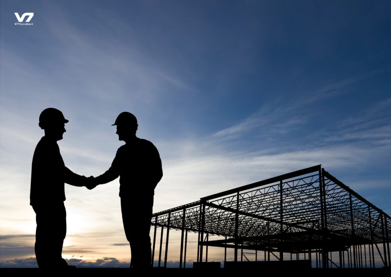 Silhouetted construction workers shaking hands with a building under construction in the background.