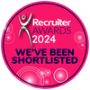 Pink and blue circular badge: Recruiter Awards 2024. Text: 