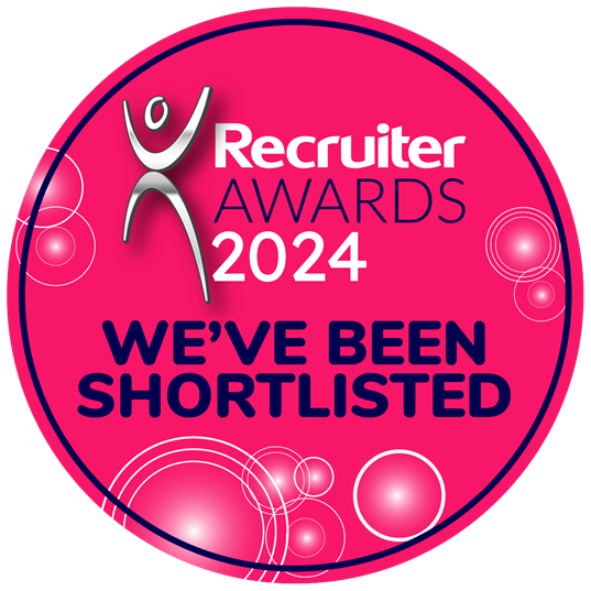 Pink and blue circular badge: Recruiter Awards 2024. Text: 