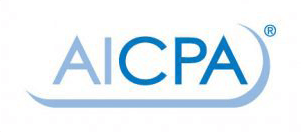 A blue and white aicpa logo on a white background