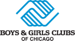 The logo for the boys and girls clubs of chicago is a blue handshake.