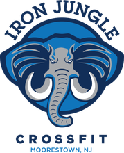 Logo for Iron Jungle CrossFit in Moorestown, NJ, featuring a blue and grey stylized elephant head inside a circular frame.