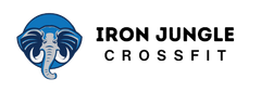 Logo for Iron Jungle CrossFit featuring a stylized blue elephant face on a circular blue background.
