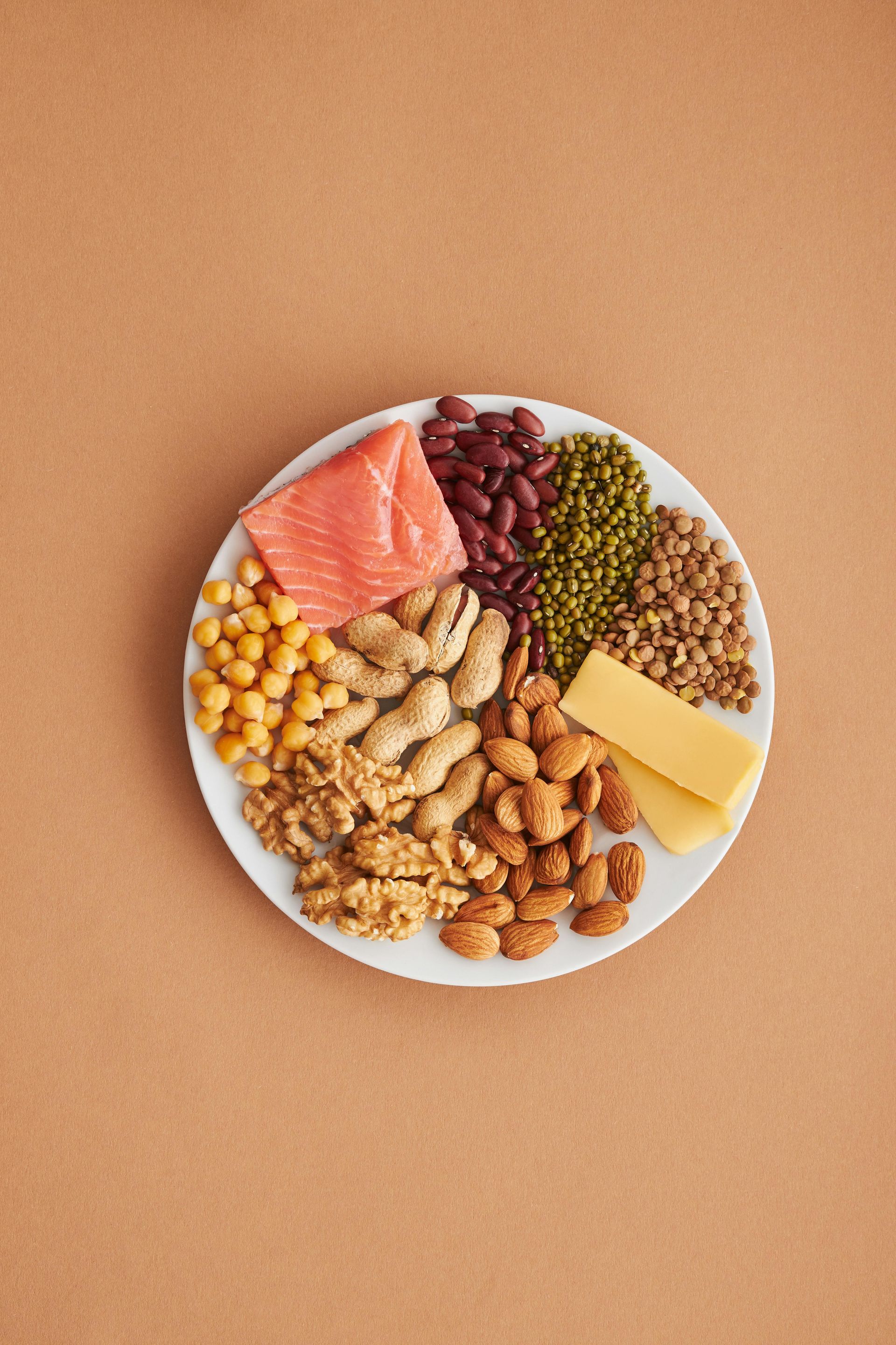 A white plate filled with diverse protein sources, including salmon, nuts, beans, legumes, and cheese on a tan background.