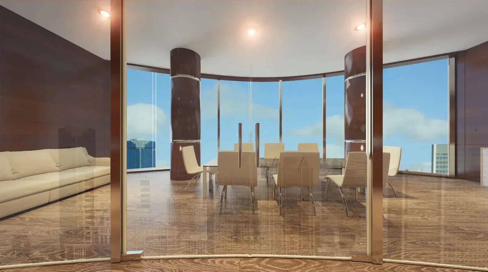 An artist 's impression of a conference room with a dining table and chairs.