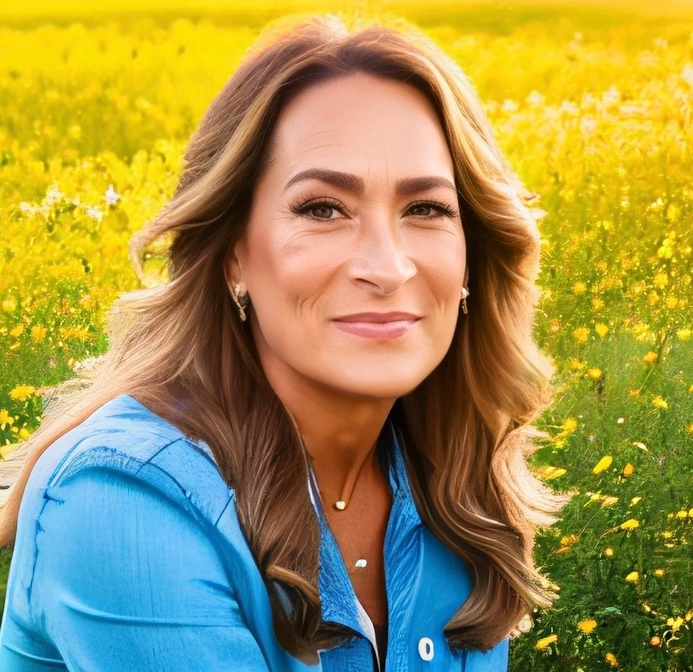 Woman with long brown hair in a blue jacket smiles in a field of yellow flowers.