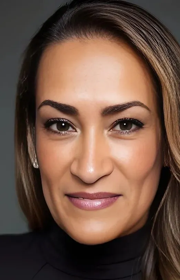 Woman with brown eyes and hair, smiling, wearing a black turtleneck.