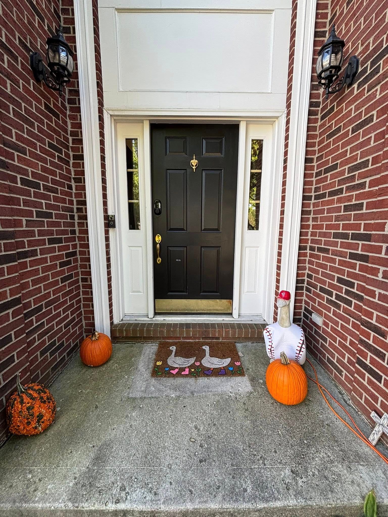 Brick entryway with black door, white trim, pumpkins, and a goose doormat