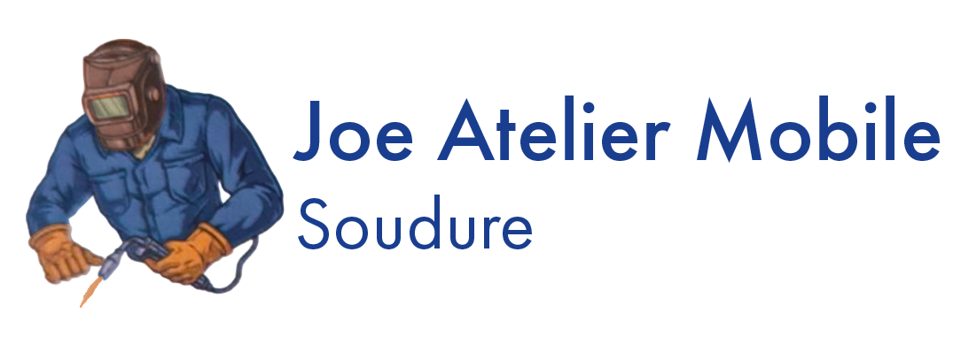 Soudeur en chemise bleue et gants, logo Joe Atelier Mobile Soudures.