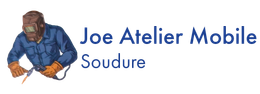 Soudeur en chemise bleue et gants, logo Joe Atelier Mobile Soudures.