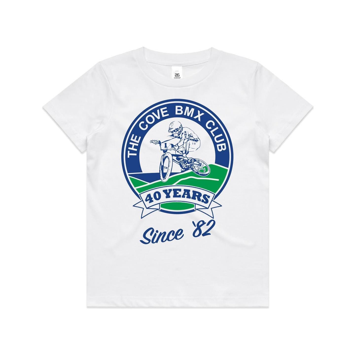 A white t-shirt with a blue and green logo for the cove bmx club.
