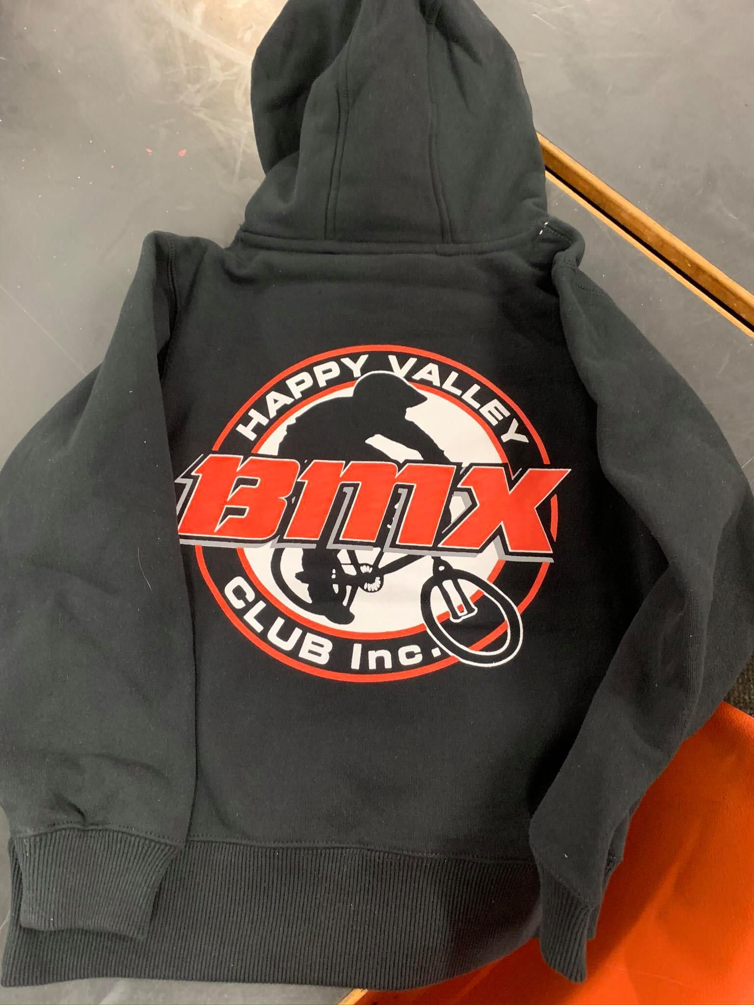 A black hoodie that says happy valley bmx club inc.