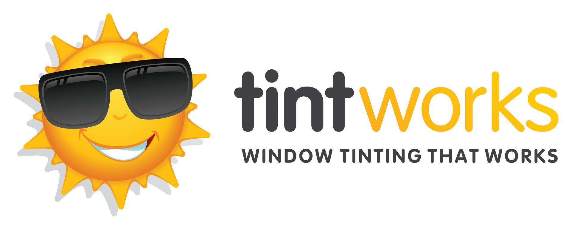 A logo for tintworks window tinting that works with a smiling sun wearing sunglasses.