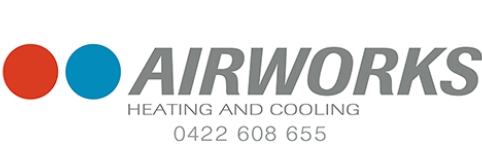 A logo for airworks heating and cooling with a red and blue circle.