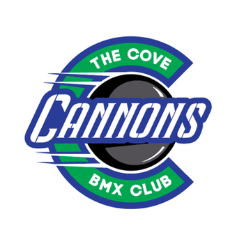 The cannons bmx club logo is blue and green with a hockey puck in the middle.