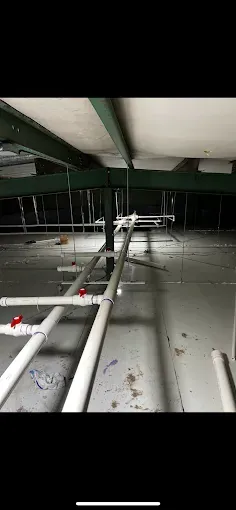 Pipes in an industrial-looking space with beams. Some pipes have red valves.