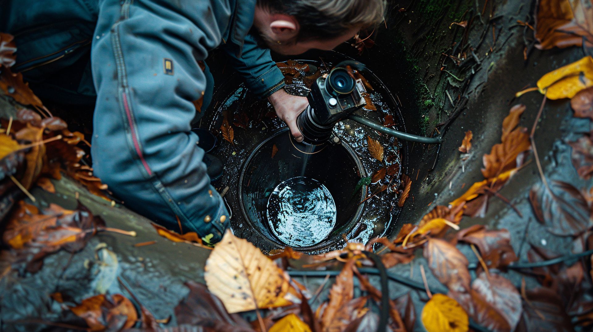 Man inspecting a manhole filled with water, surrounded by wet fallen leaves.