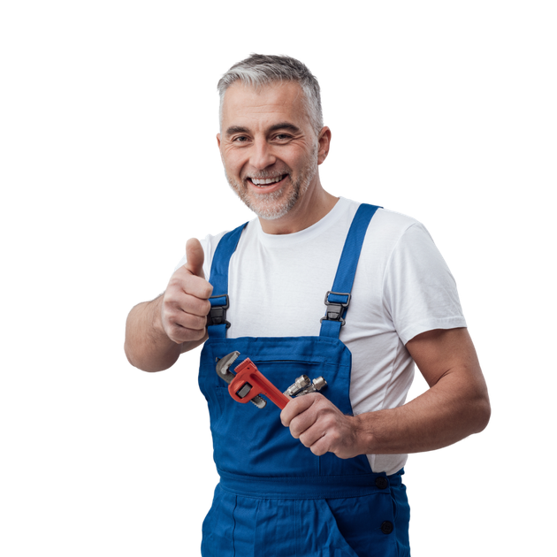 Plumber giving thumbs up, holding wrench, wearing blue overalls, white shirt, smiling.